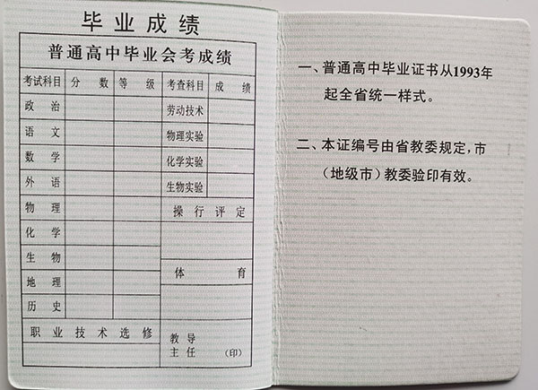 辽宁省1996年高中毕业证成绩单