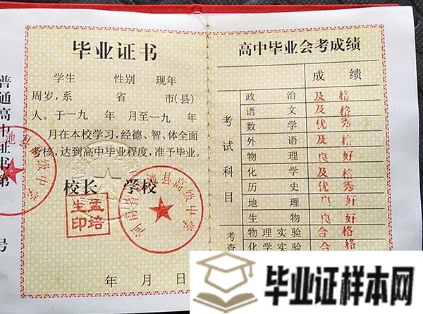 2000年封丘县高中毕业证内页