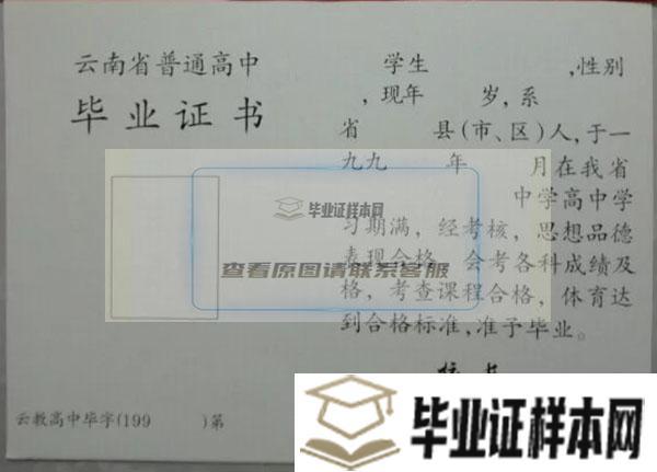 云南省1994年高中毕业证样本