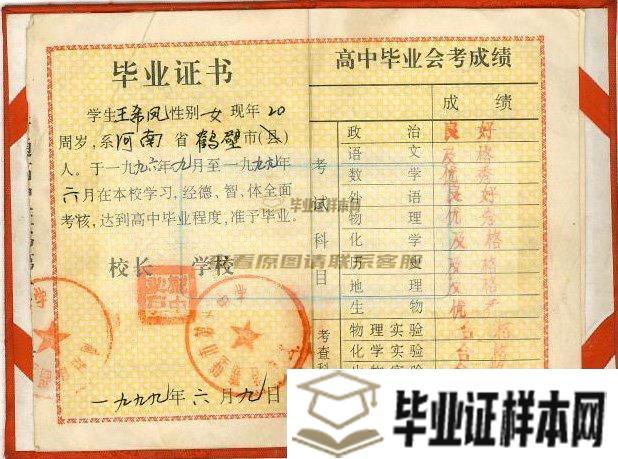 河南省义马市2000年高中毕业证样本图