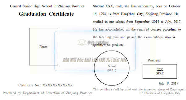 云南省高中畢業證翻譯模板