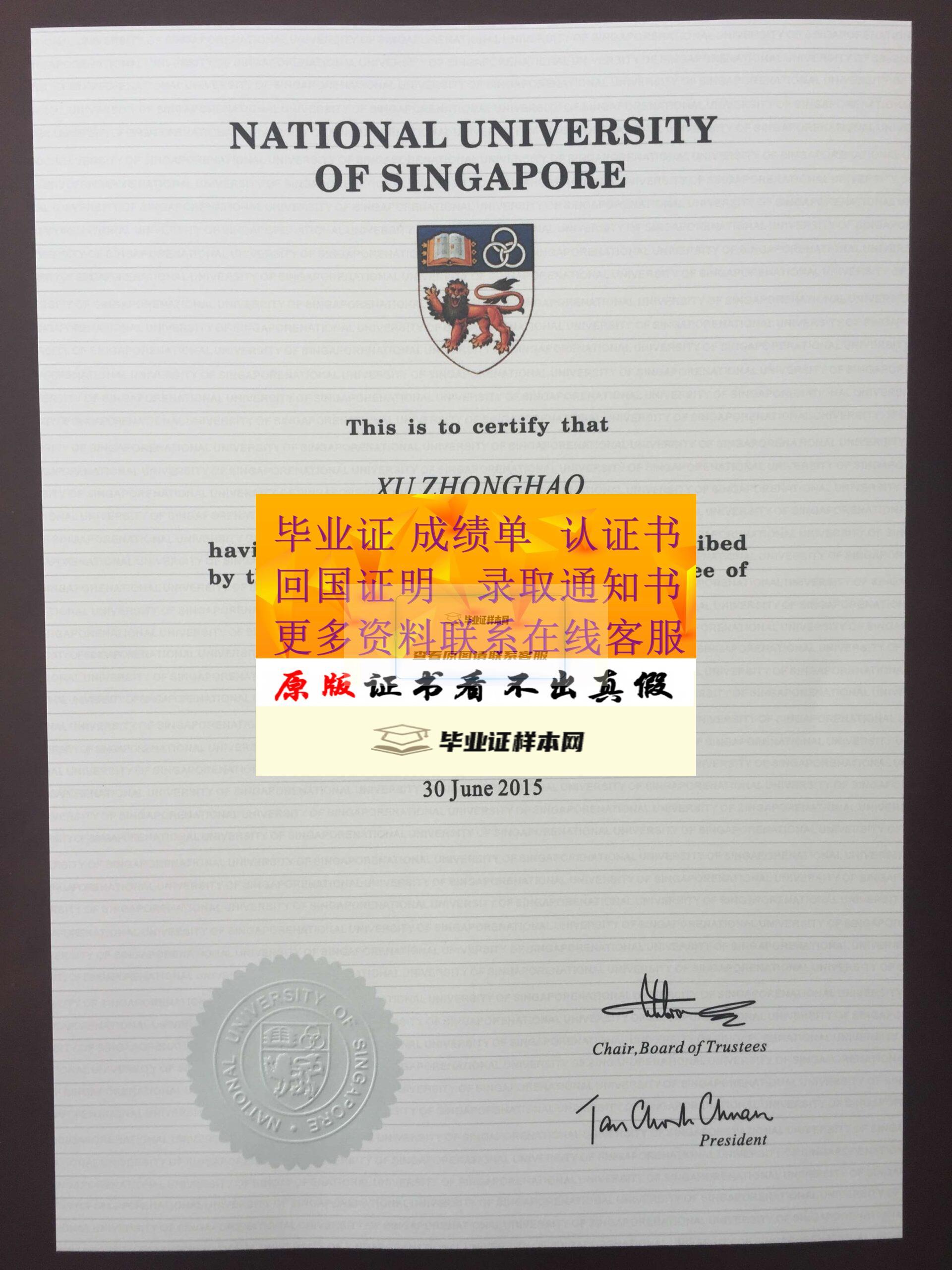 新加坡国立大学毕业证NUS图片-高清样本