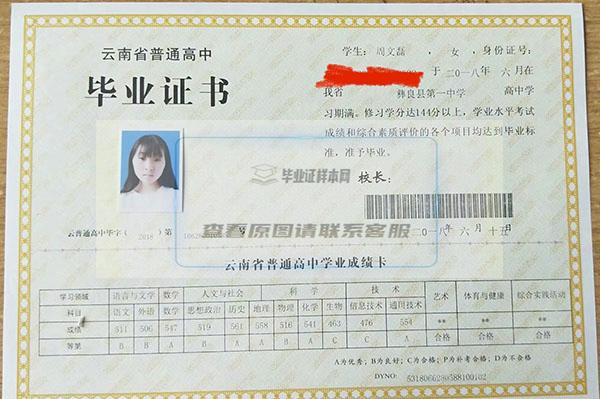 云南省电子版高中毕业证样本