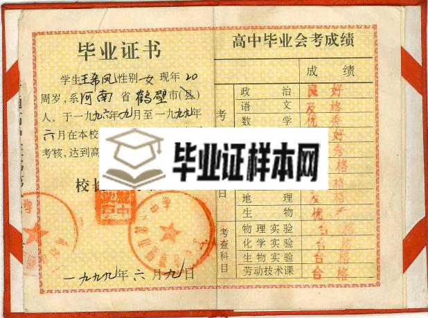 登封市第一高级中学1999年版毕业证