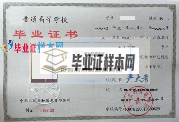 华北水利水电学院2001年本科毕业证样本