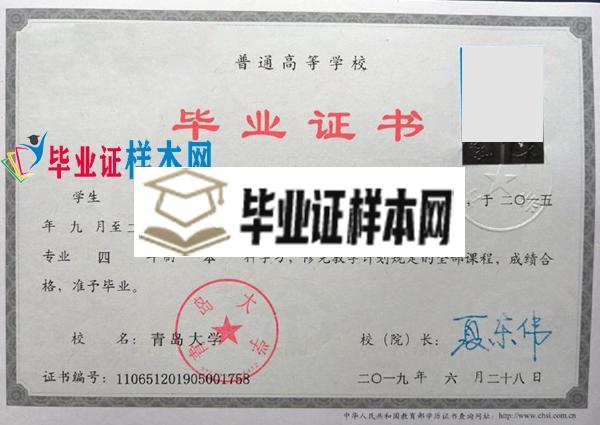 青岛大学2019本科毕业证样本(图1)