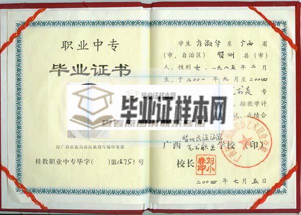 广西2001年中专毕业证样本
