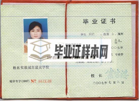 安徽省1995年中专毕业证样本
