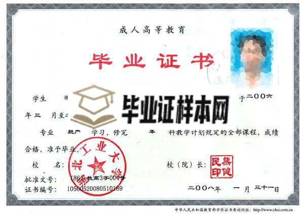 武汉工业大学2000年毕业证样本