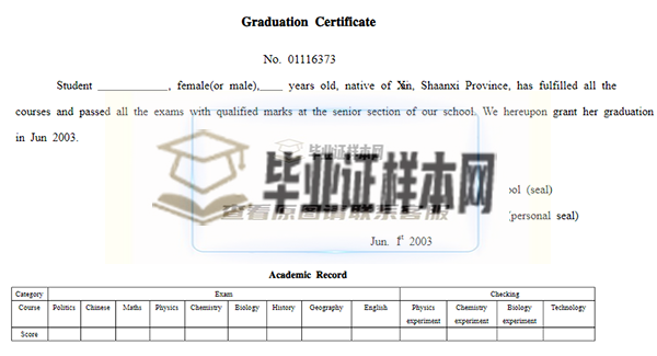 云南省普通高中毕业证英文翻译模板