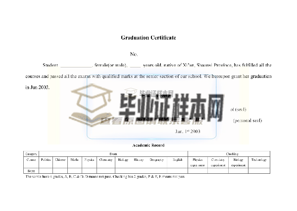 浙江省高中毕业证英文翻译模板