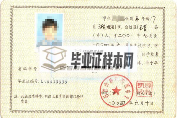 湖北省2004年普通高中毕业证样本