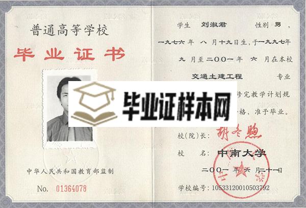 湖南商学院2000年大专毕业证模版