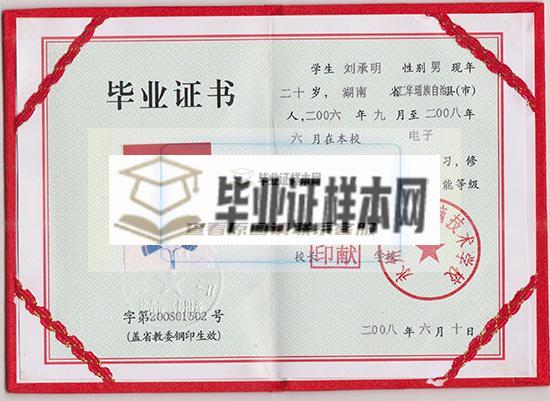 湖南省2006年中专毕业证样本