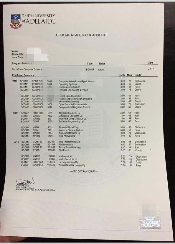 最新阿德莱德大学成绩单样本