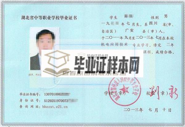 湖北省2001年中专毕业证内页