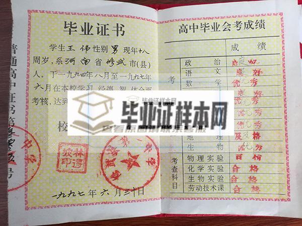 河南省1994年高中毕业证内页