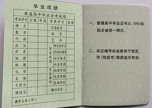 辽宁省2001年高中毕业证毕业成绩单