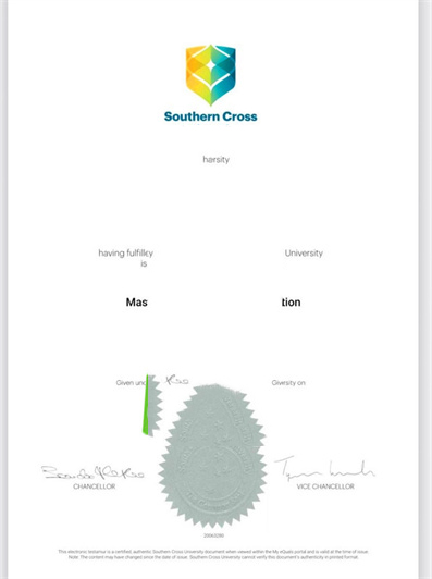 澳大利亚南十字星大学毕业证书样本