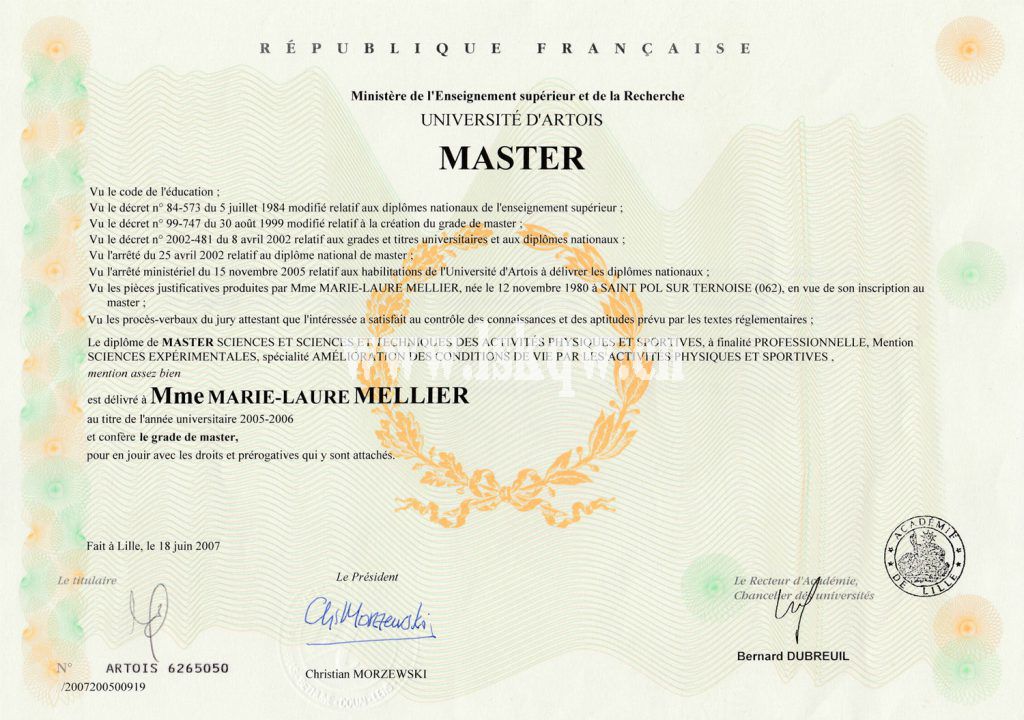 法国阿尔图瓦大学毕业证样本