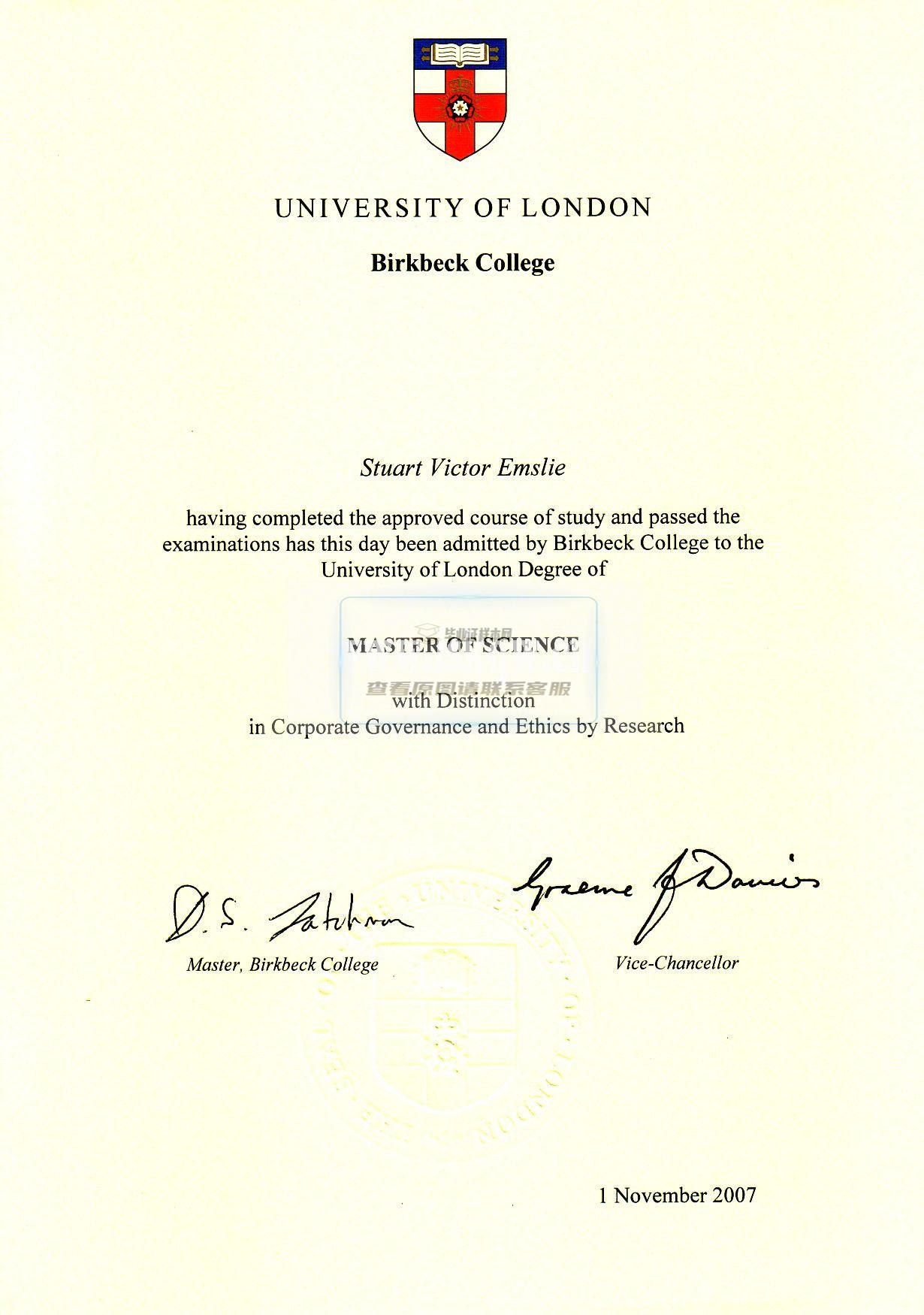 英国伦敦大学伯克贝克学院毕业证样本