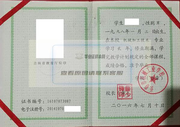 吉林省2002年中专毕业证样本