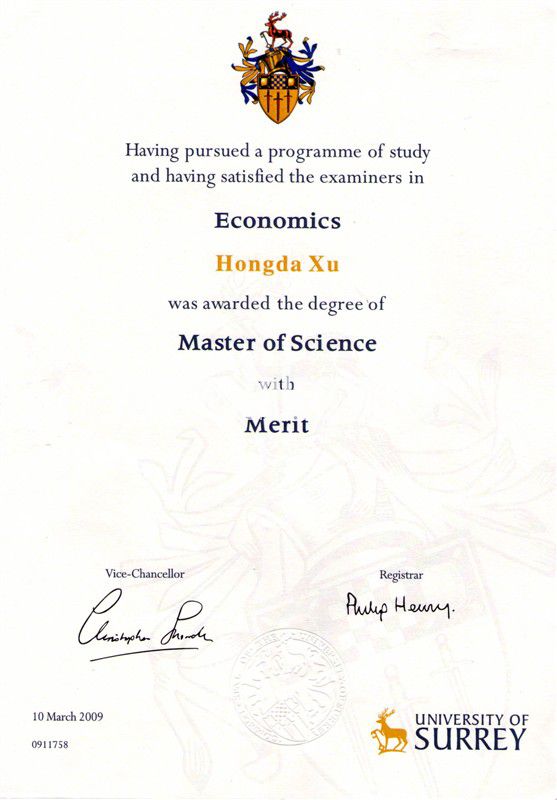 英国萨里大学毕业证样本