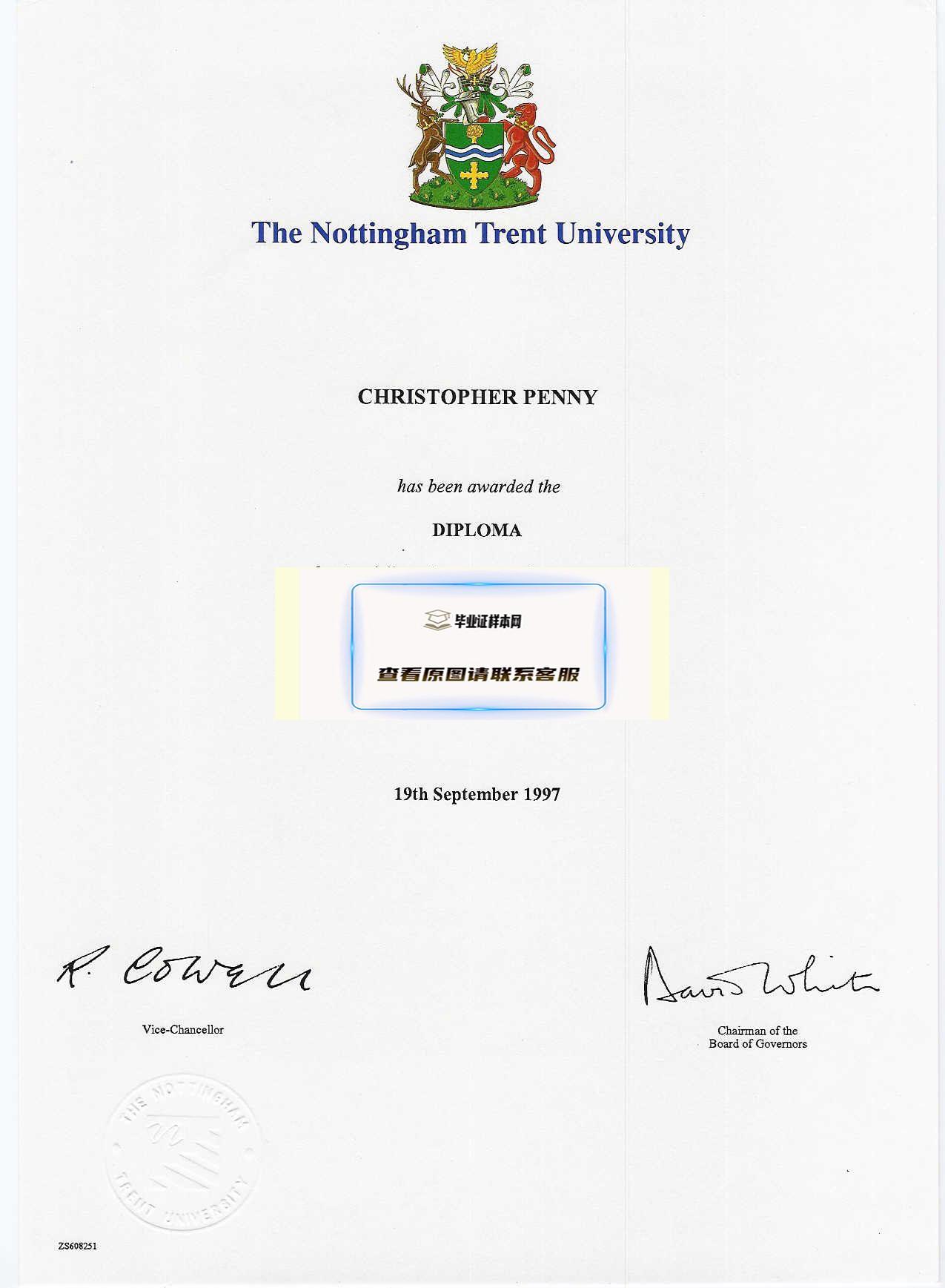 英国诺丁汉特伦特大学毕业证样本