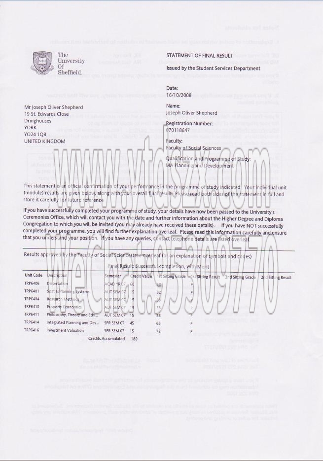 英国谢菲尔德大学毕业证样本(图文)