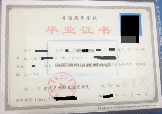 鹽城衛生職業技術學院大專畢業證樣本圖