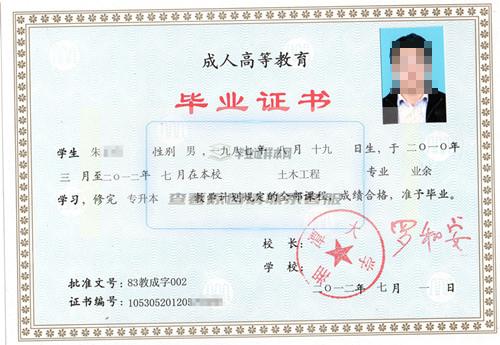 湘潭大学2012年成教专升本毕业证样本图