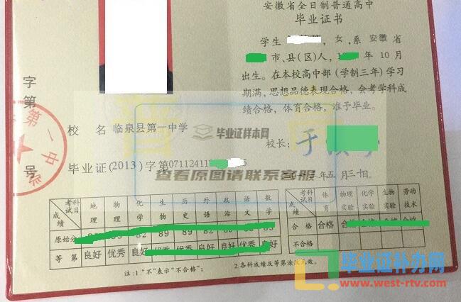 安徽临泉县第一中学高中毕业证样本图