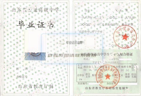 山東省平度市第六中學2005年高中畢業證樣本圖