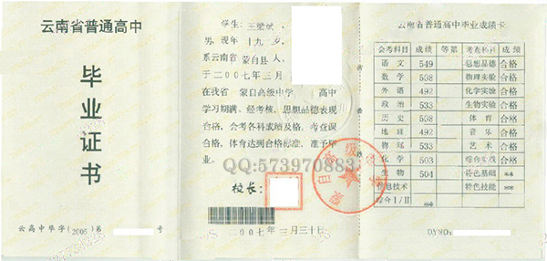 云南省蒙自高级中学2007年高中毕业证样本图