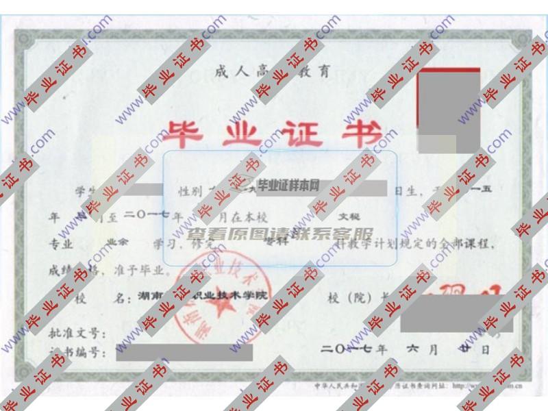 湖南机电职业技术学院2017年成人教育大专毕业证（文秘）
