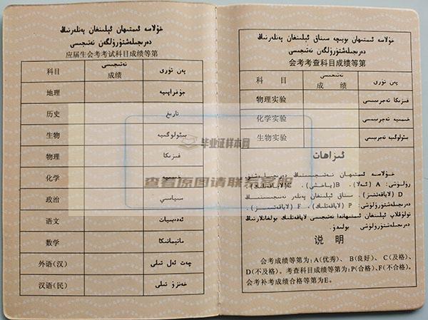 新疆1998年高中毕业证应届生会考考试科目成绩单