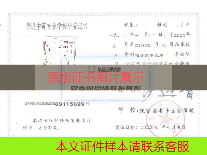 陕西省电子工业学校2009年中专毕业证样本图