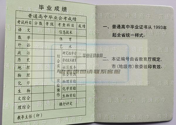 辽宁省2001年高中毕业证毕业成绩单