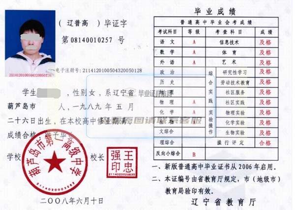 2006年辽宁省普通高中毕业证样本