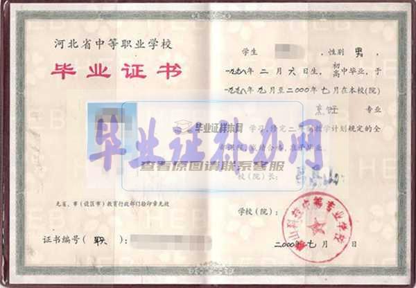 1996年河北省中专毕业证样本图片模板