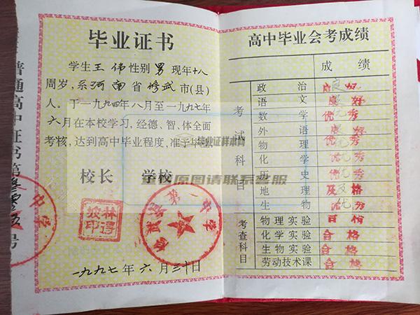 河南省90年代高中毕业证书内页