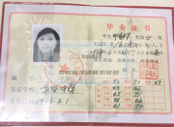 1990年广东省高中毕业证
