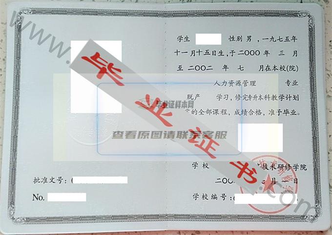 北京经济技术研修学院2002年毕业证样本（人力资源管理）第1张