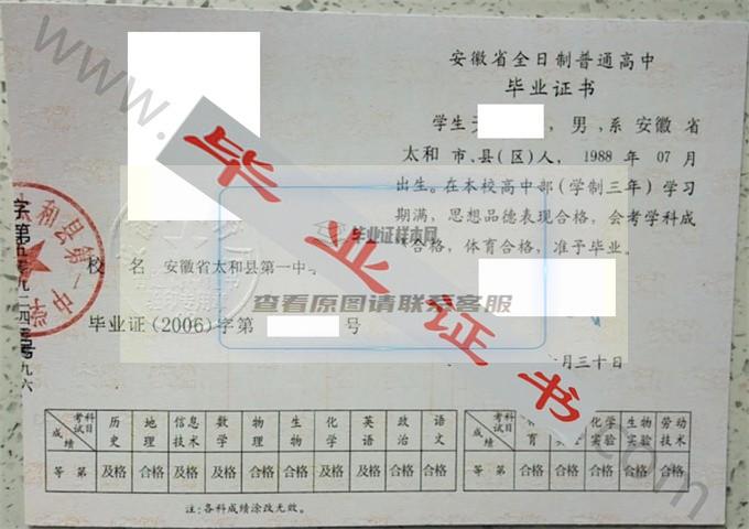 安徽省太和县第一中学2006年高中毕业证样本 第1张