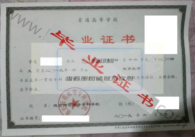 德宏师范高等专科学校2019年毕业证样本（体育教育）第1张