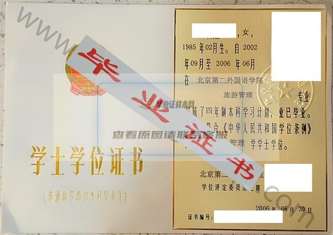 北京第二外国语学院2006年学士学位证书样本