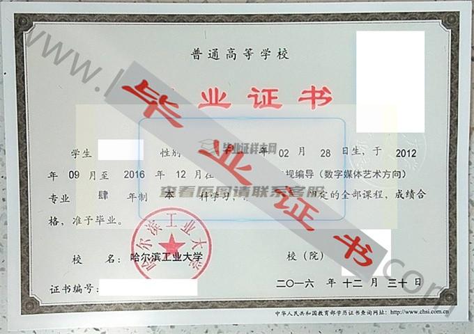 哈尔滨工业大学2016年毕业证样本（广播电视编导（数字媒体艺术方向））第1张