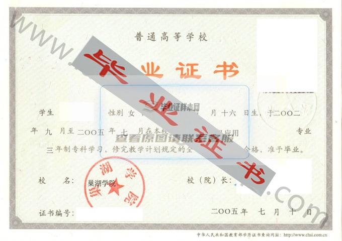 巢湖学院2005年毕业证样本（计算机应用）第1张