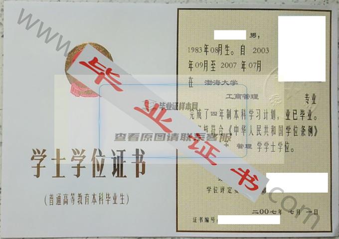 渤海大学2007年学士学位证书样本