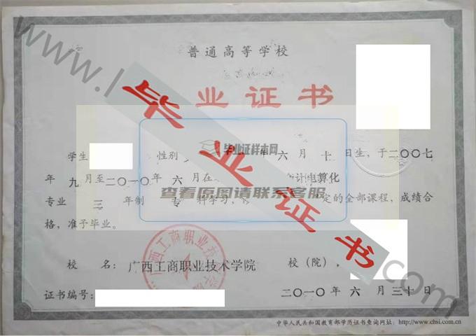 广西工商职业技术学院2010年毕业证样本（会计电算化）第1张